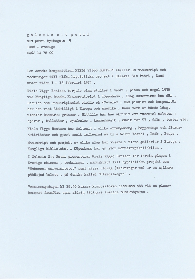 NIELS VIGGO BENTZON KONCERT MED VERTE AF 01 -13.02. 1974