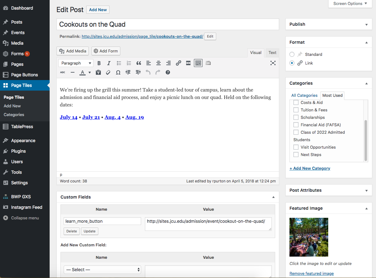 screenshot of WordPress functionality