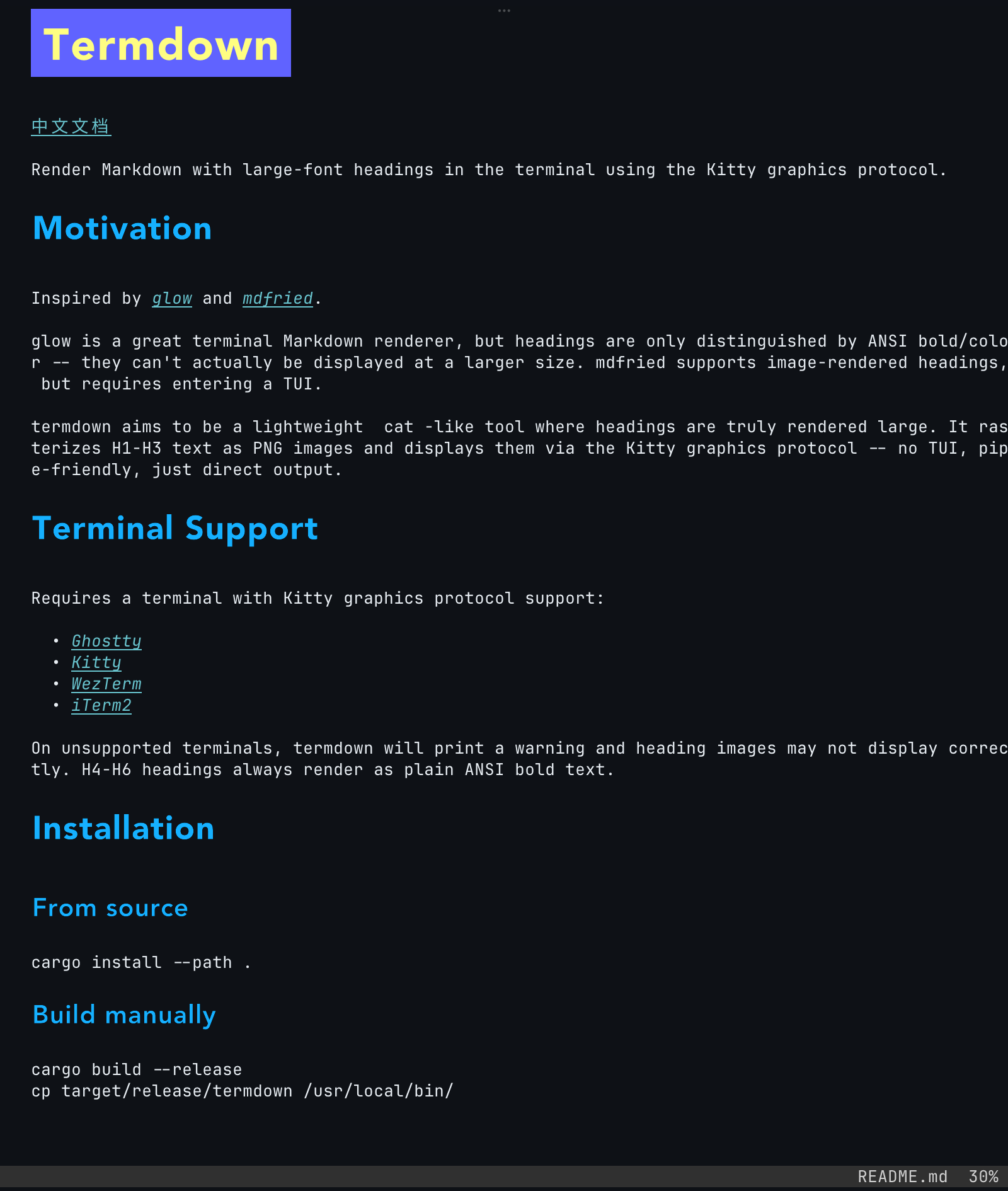 termdown rendering the English README in TUI mode