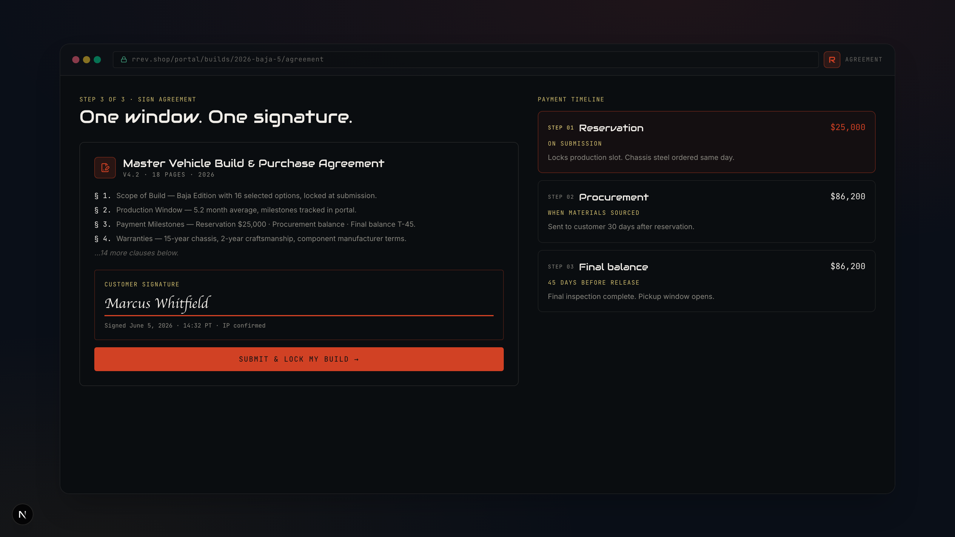 Signed Master Vehicle Build & Purchase Agreement next to the three-milestone payment timeline.