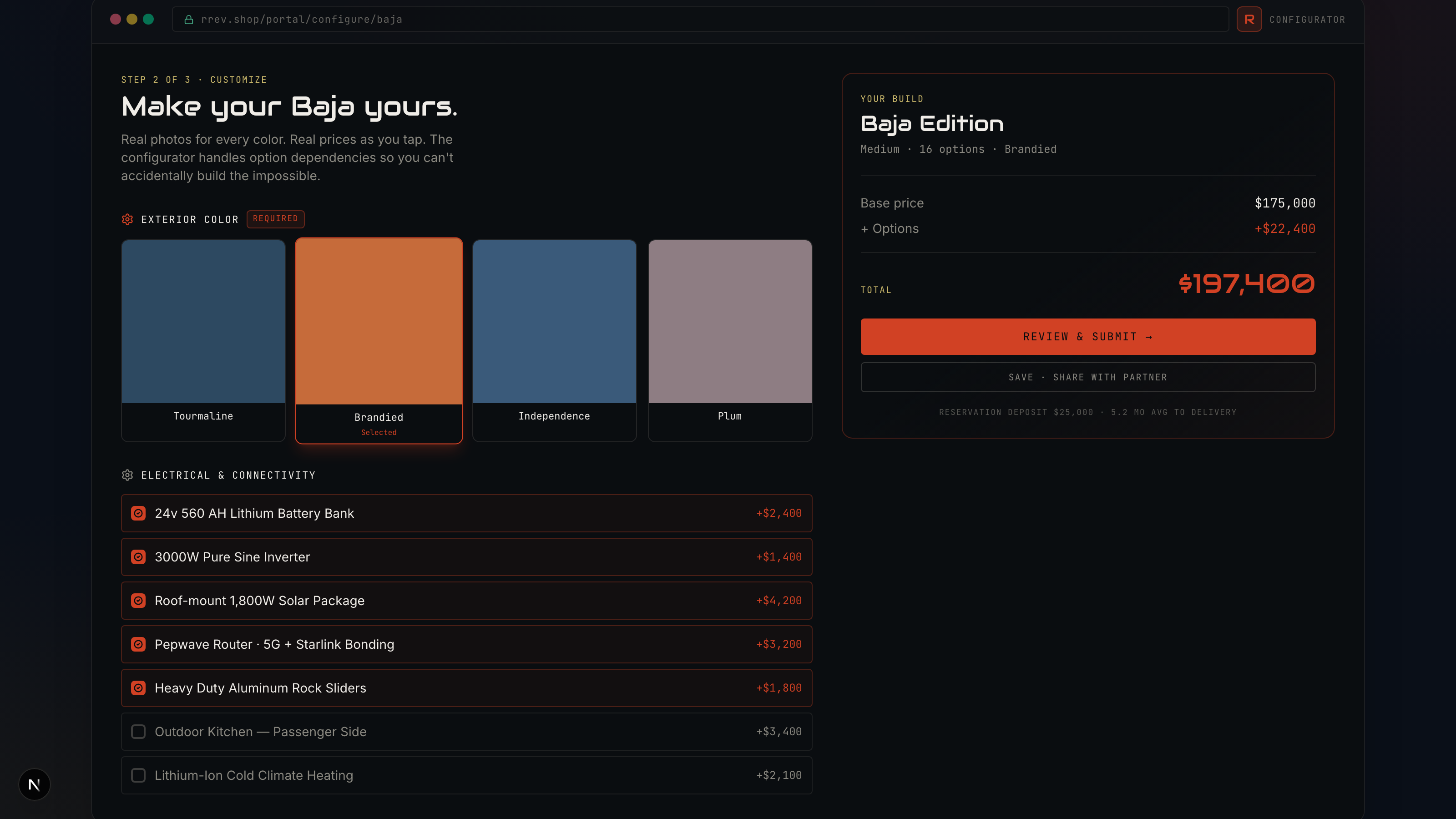 RREV configurator at rrev.shop — pick platform, color, options; build total locked at $148,250.