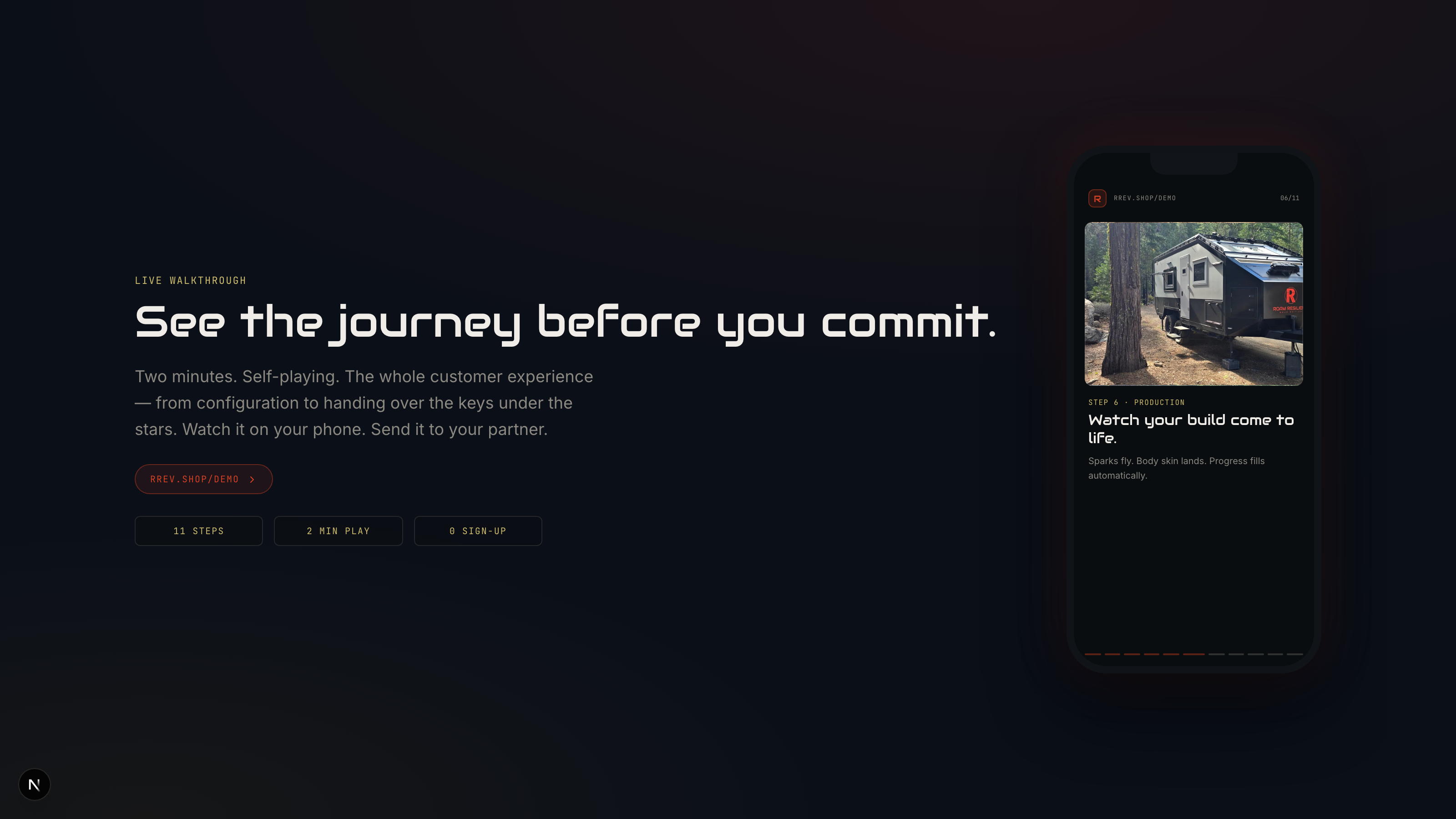 Phone playing the rrev.shop/demo self-running walkthrough of the entire journey.