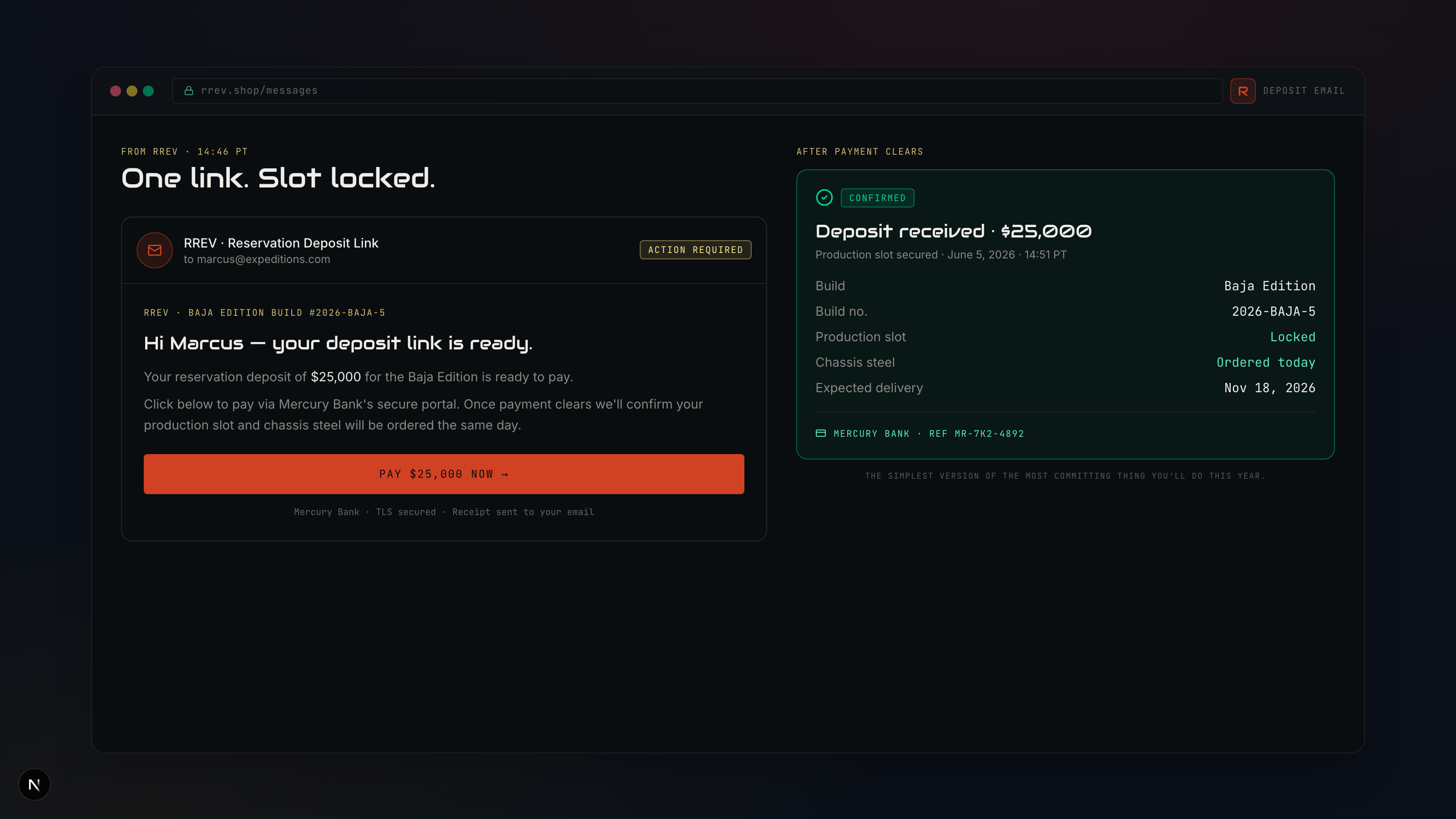 Mercury Bank deposit payment email next to a production slot locked confirmation card.