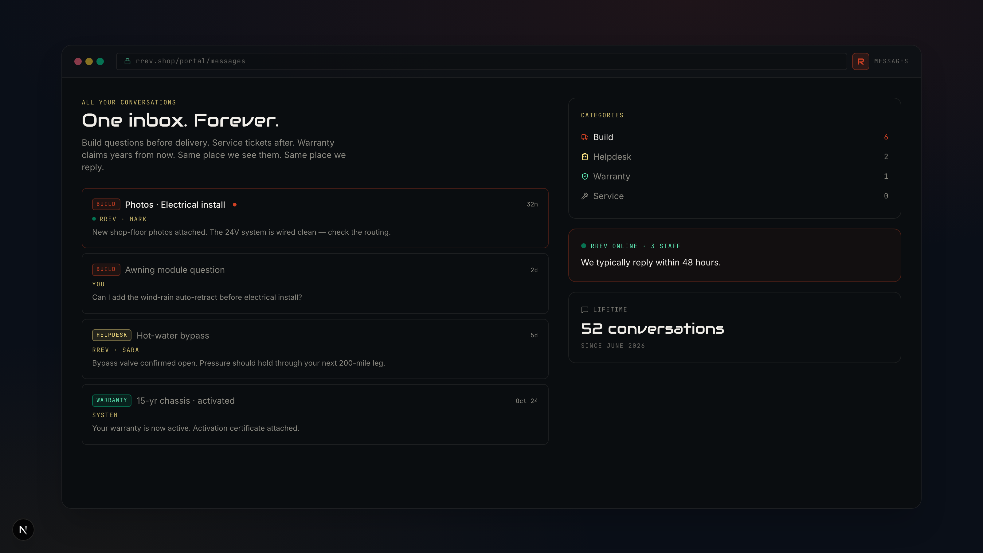 Unified Messages inbox showing Build, Helpdesk, and Warranty threads in one place.
