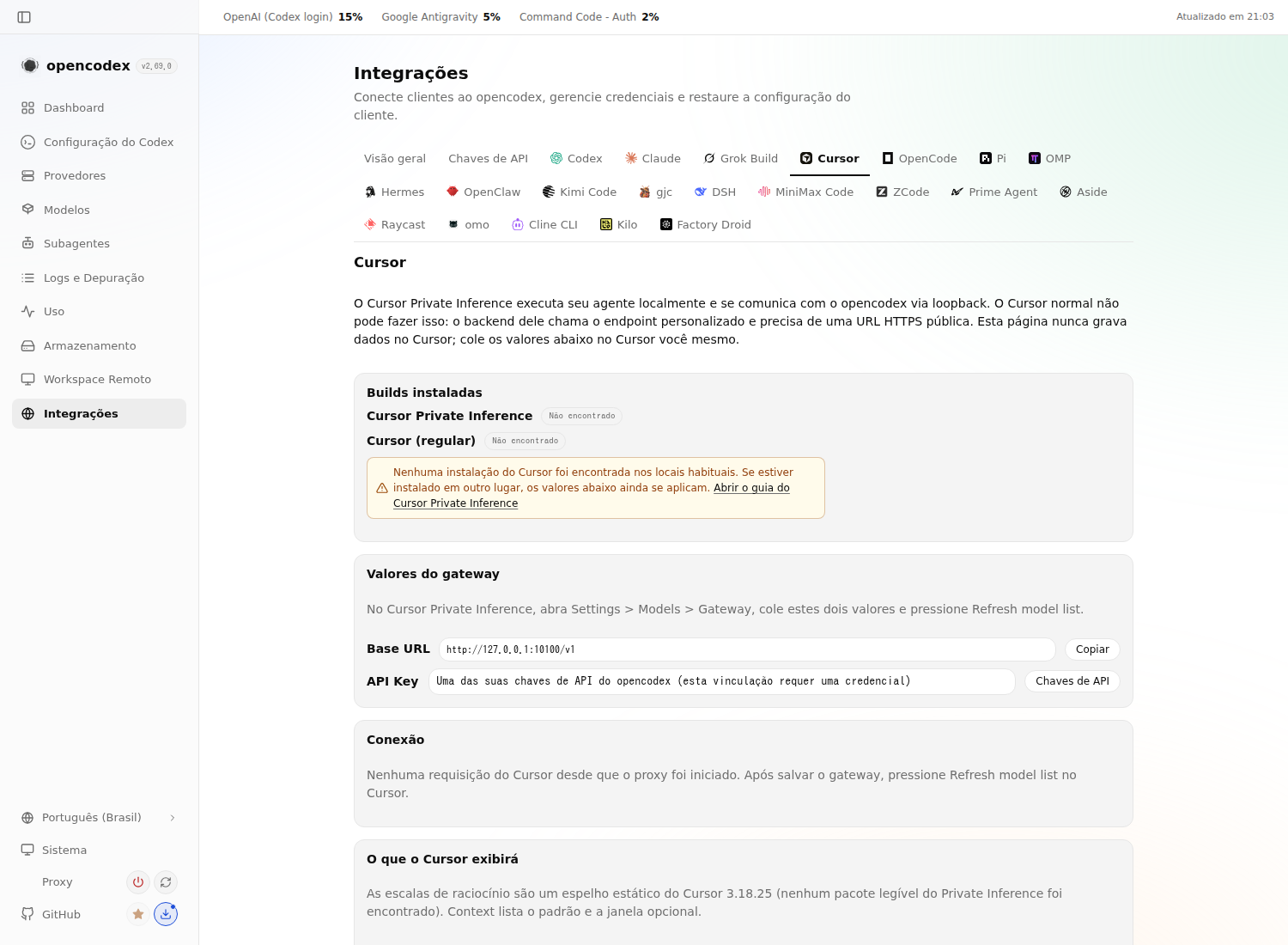 Integrations — Cursor in pt-BR