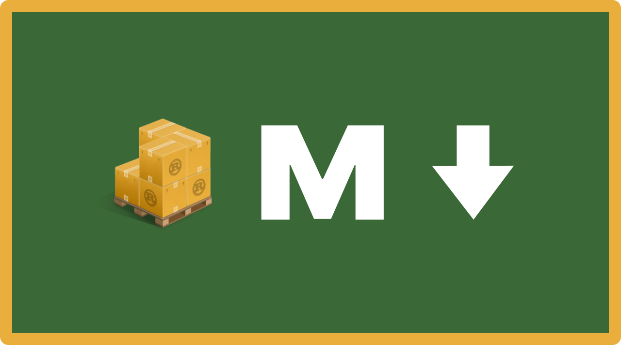 The logo for the cargo-markdown cargo subcommand which can be found the crates.io website, portrays a box pallet with a two-level stack of boxes with the Rust logo on them, on a green background with a thick yellow border next to a Markdown logo consisting of a capitalize white letter M next to a large white arrow pointing downwards.