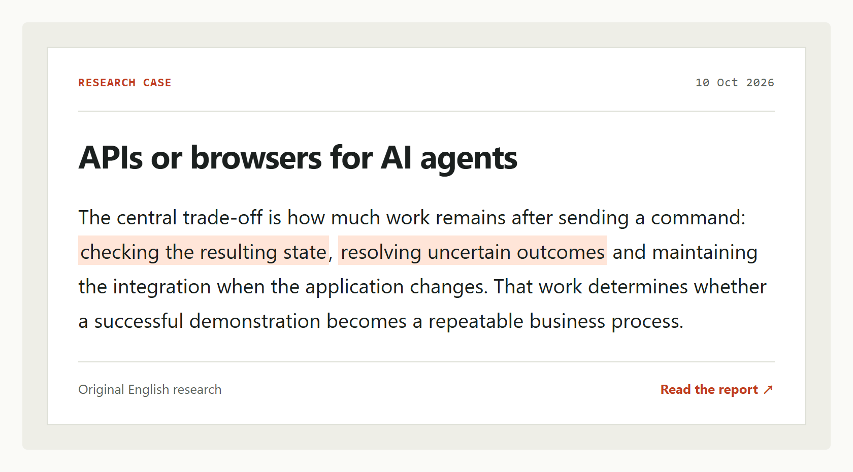 APIs or browsers for AI agents. Original English research: choose an execution route by action coverage, verified completion, and recovery.