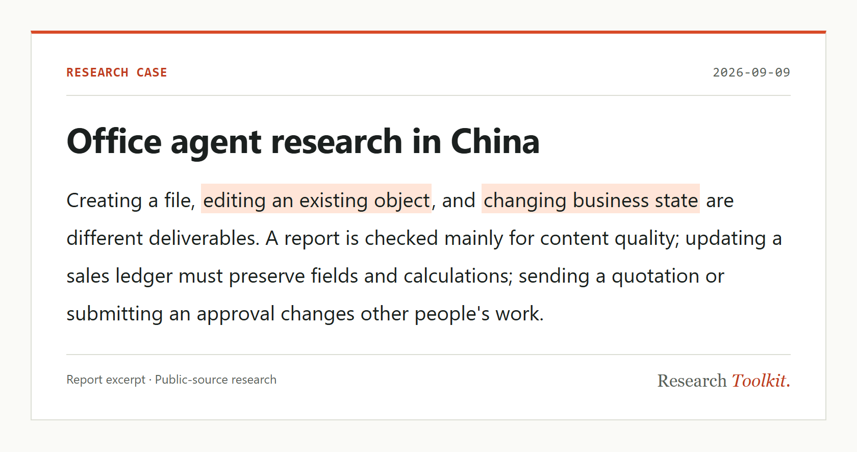 Office agent research in China. September 2026 report excerpt: creating files, editing existing objects, and changing business state are different deliverables.