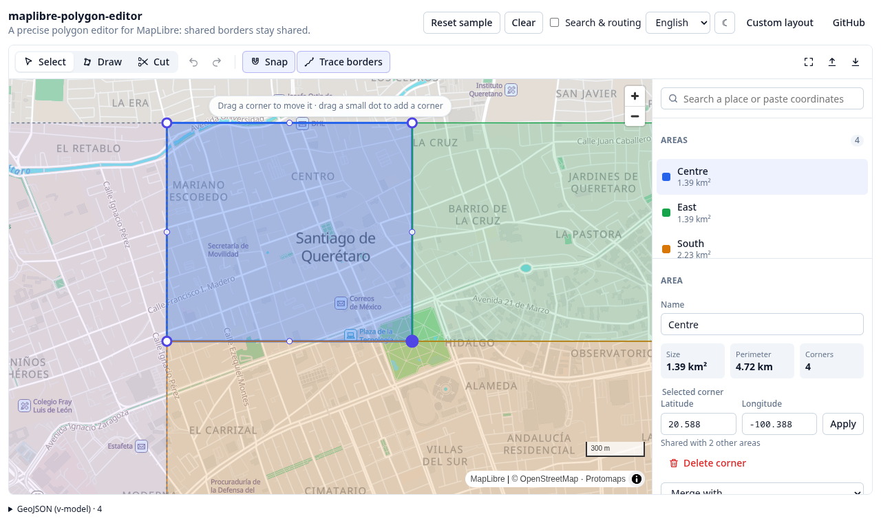 The editor: an area selected, its shared corner highlighted and its exact coordinates in the inspector