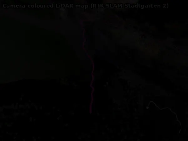 Camera-coloured SLAM point-cloud map of a park