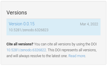 Zenodo card for versions. '0.0.15' is the only version and a DOI of 10.5281/zenodo.6326823. The footer of the card has a site all versions with DOI 10.5281/zenodo.6326822