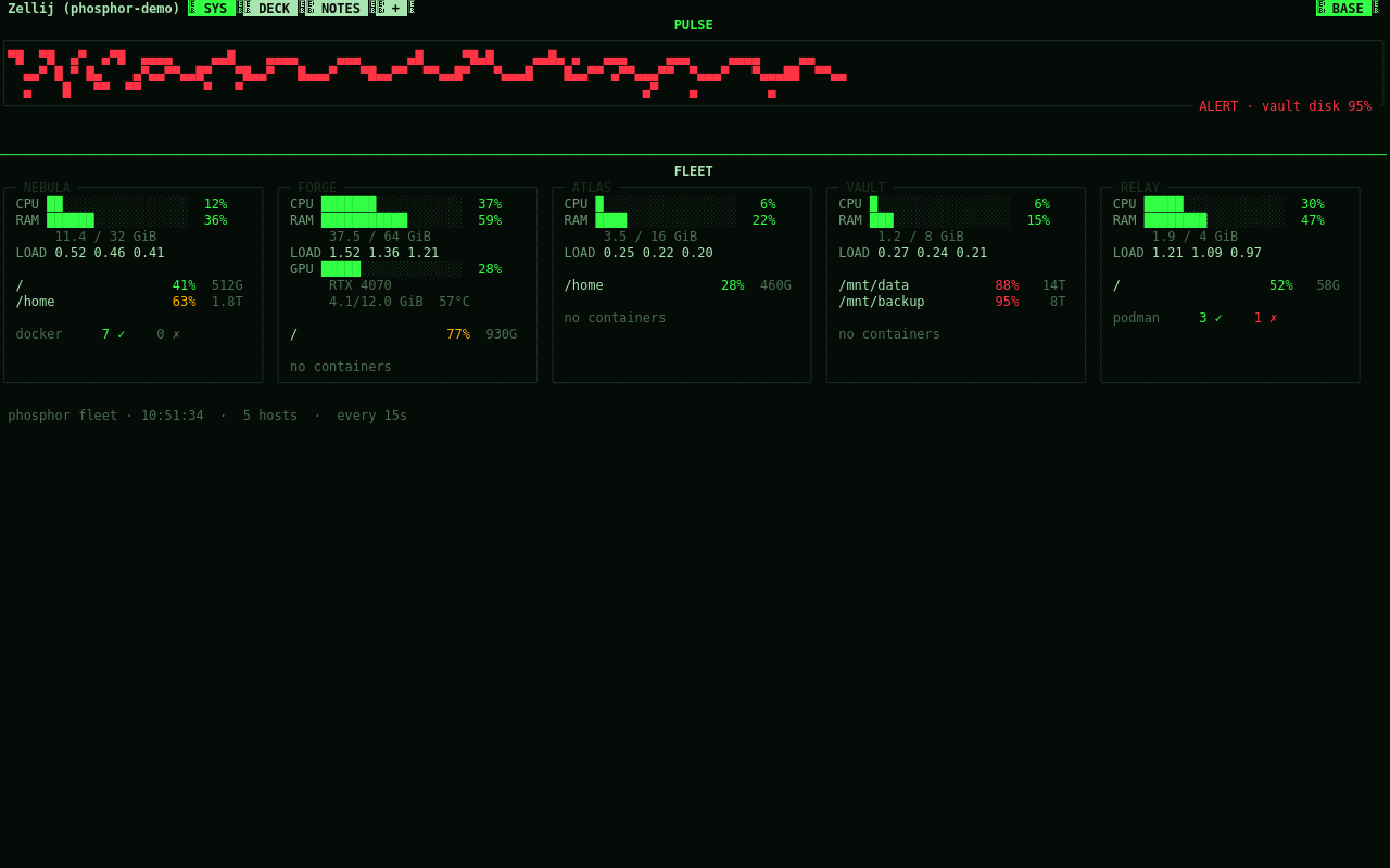 The SYS tab: a pulse graph, the fleet panel, live pings