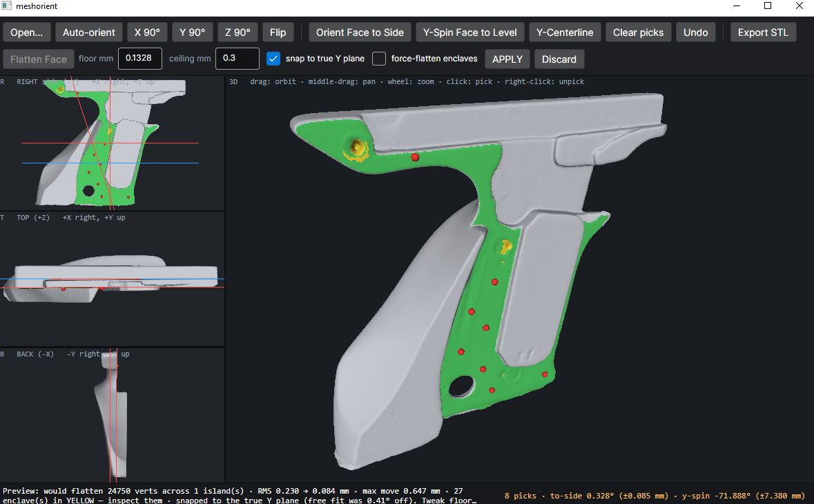 View of face flattening in progress, showing green highlighted preview