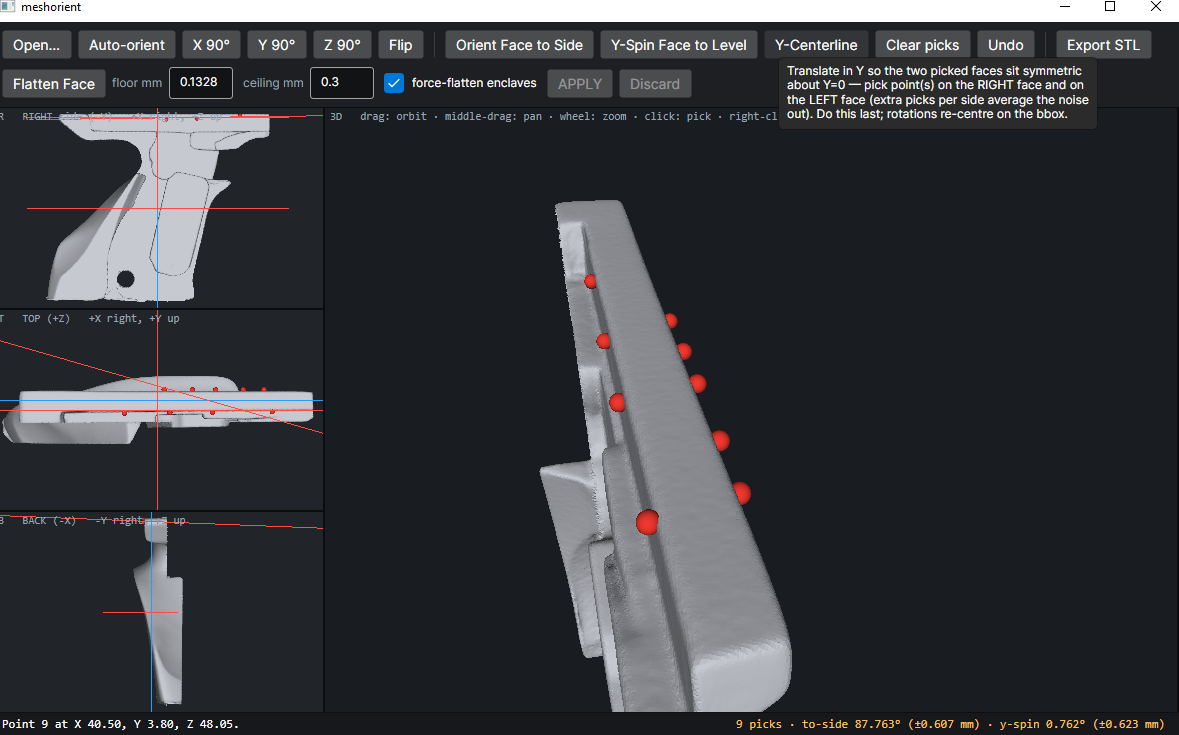 View of dual plane point selection for y-centerline feature