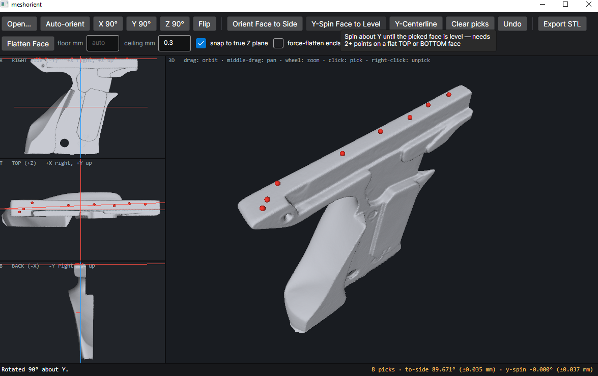 View of points selected for top plane