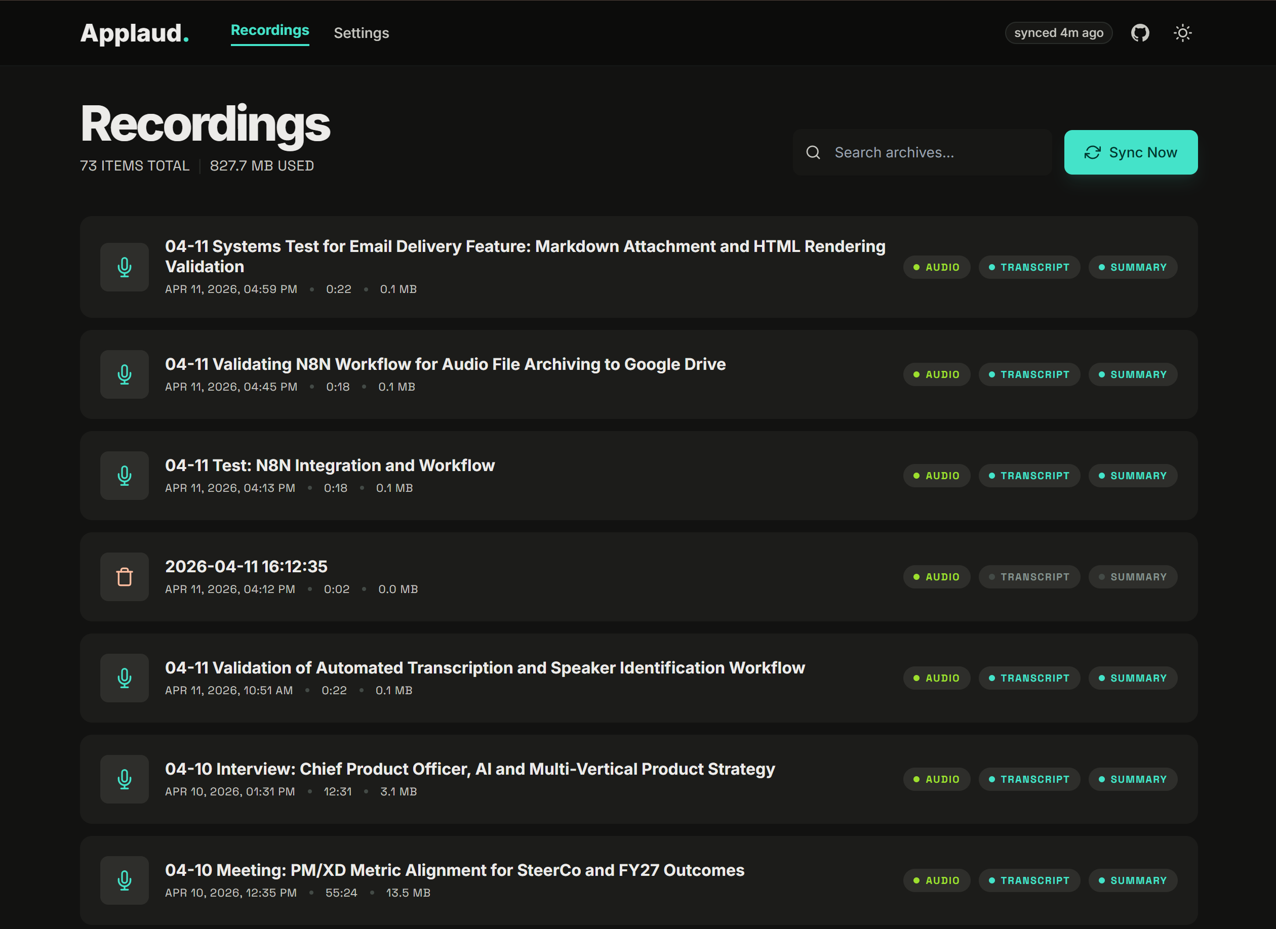 Recordings dashboard