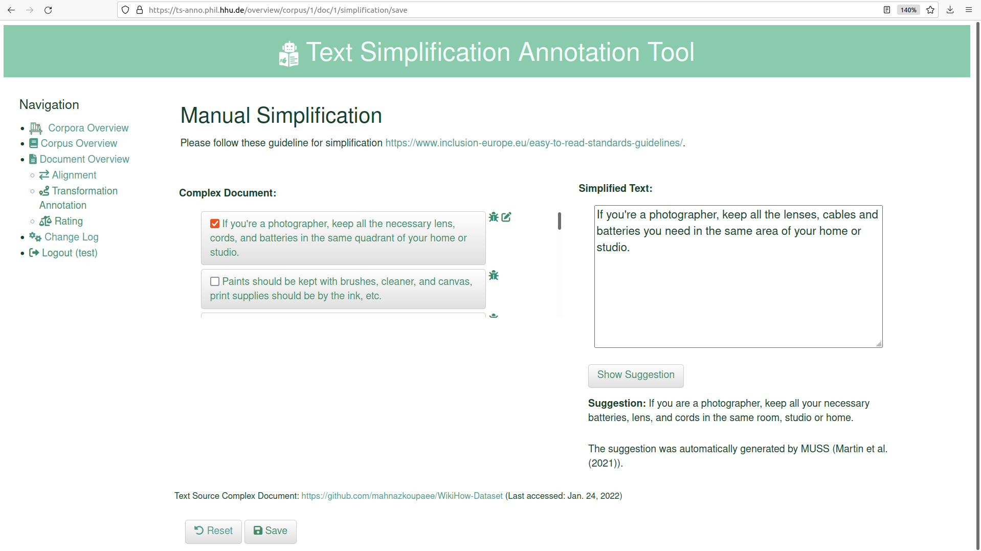 Screenshot of Manual Simplification in TS-ANNO
