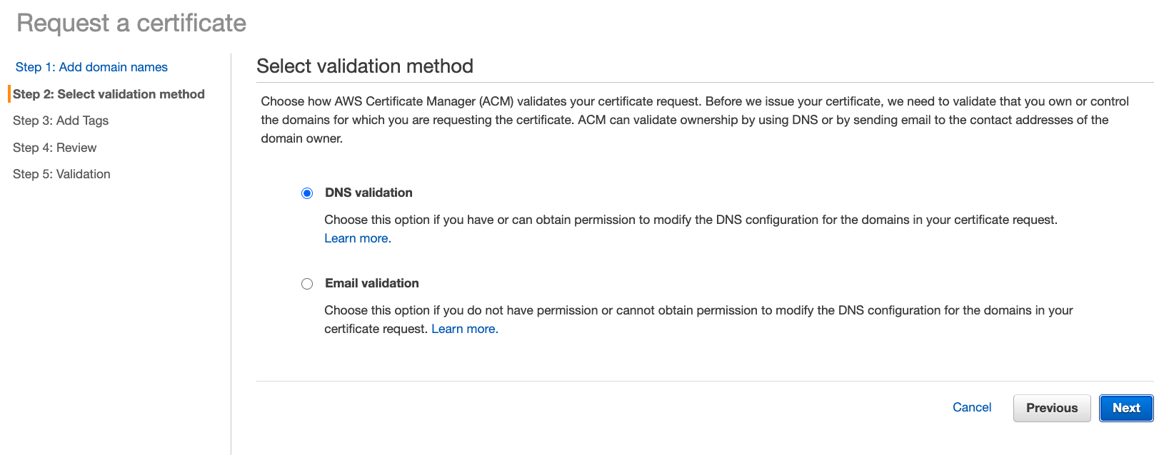 choose dns validation