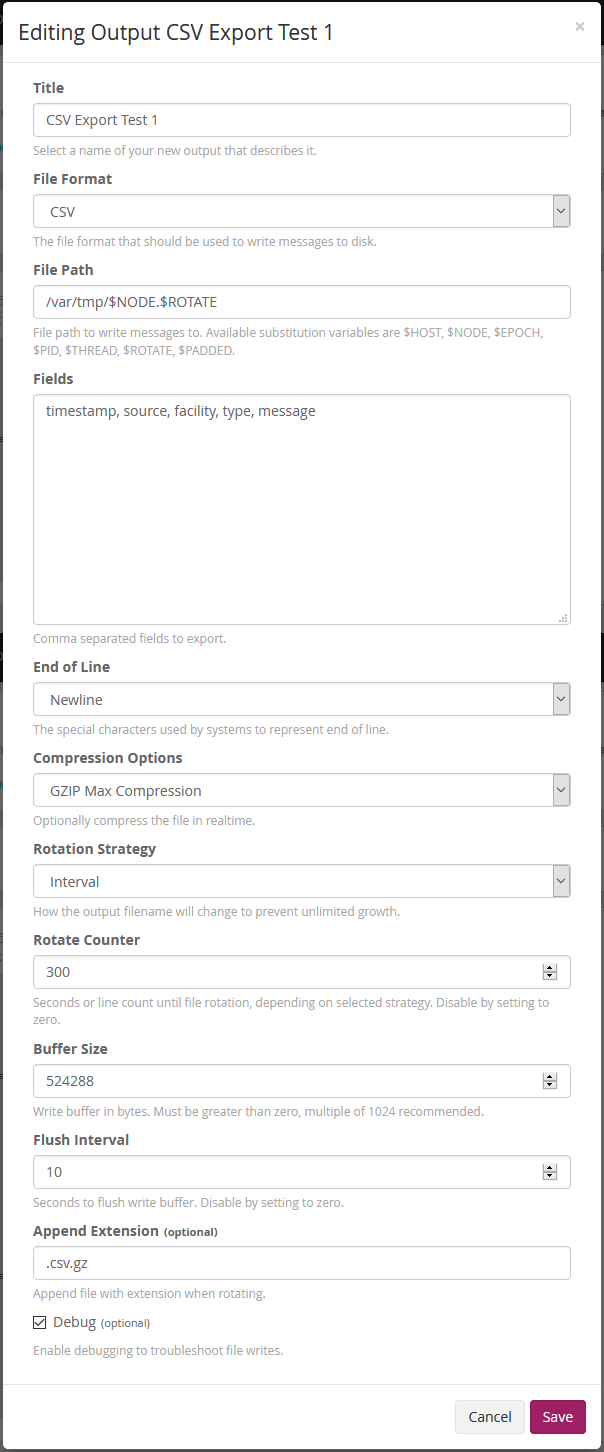 Screenshot of add new output dialog