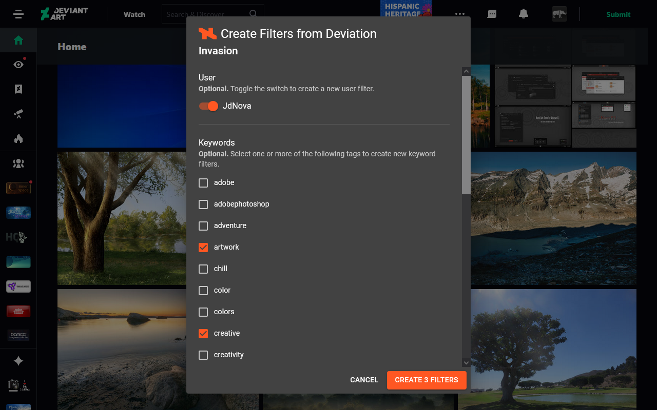 Screenshot of the filter creation modal after selecting the user and some tags (using Dark Mode)