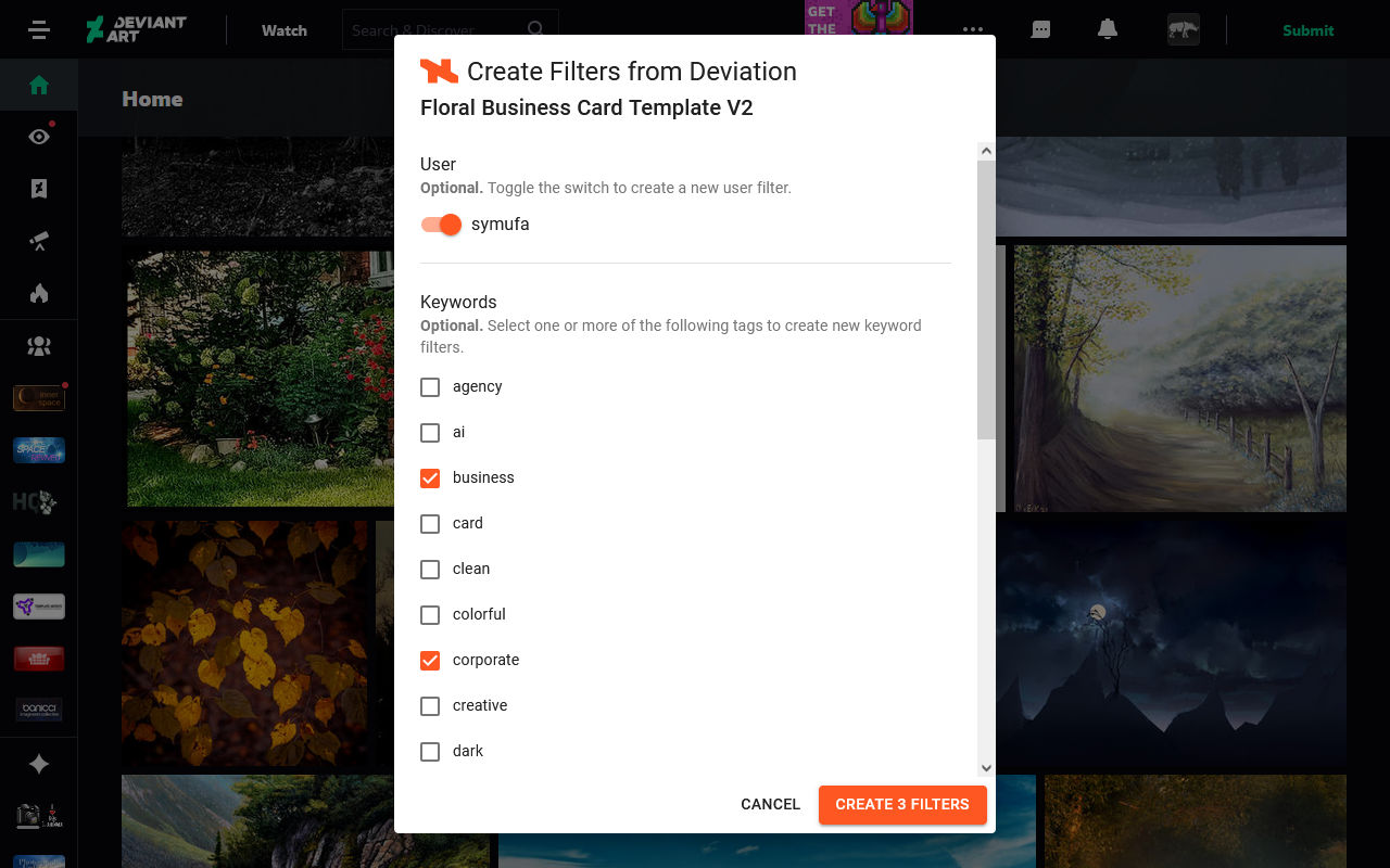 Screenshot of the filter creation modal after selecting the user and some tags