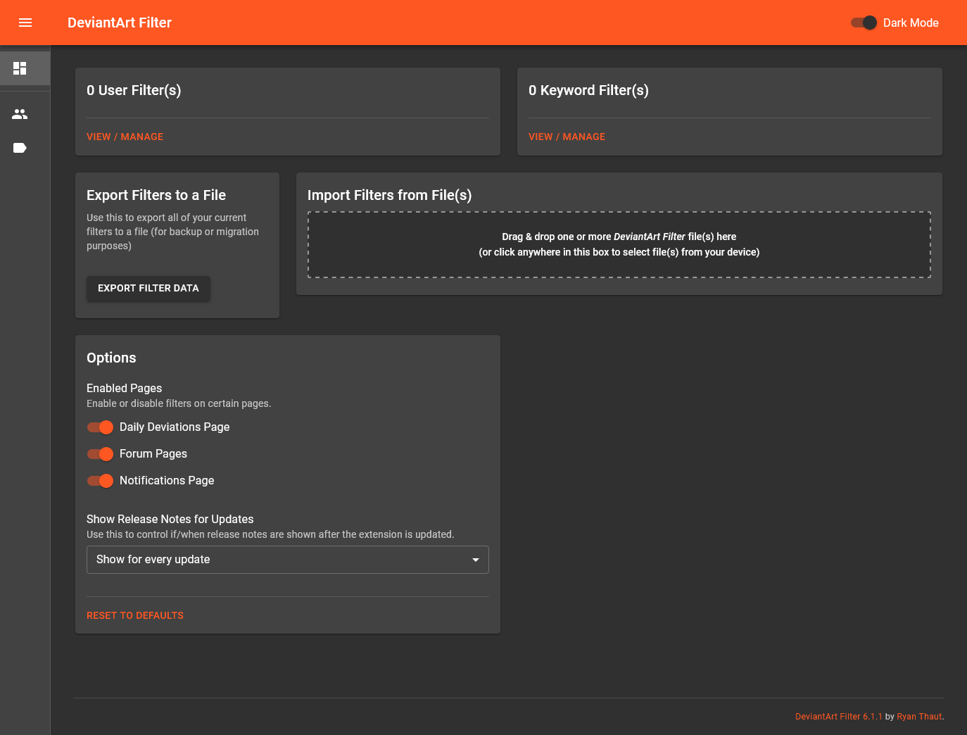 Screenshot of the DeviantArt Filter dashboard (using Dark Mode)