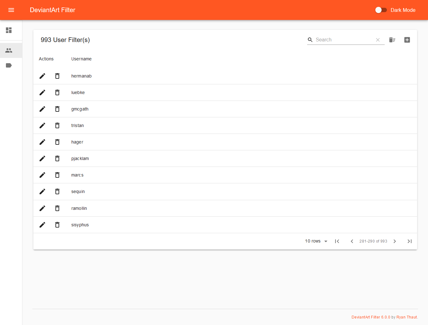 Screenshot of the filtered users view