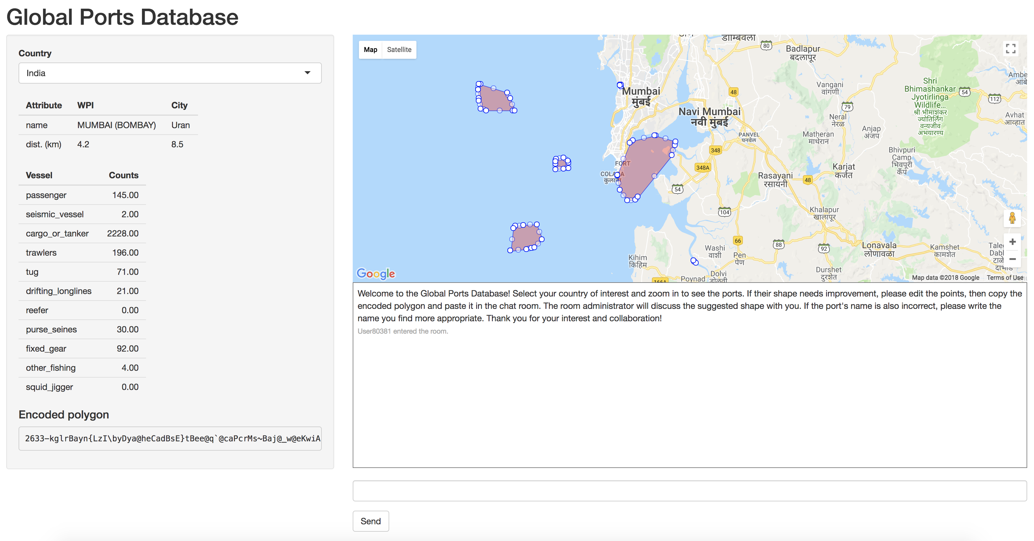 Fig 2: GUI after zooming in to the port of Mumbai and clicking on it.