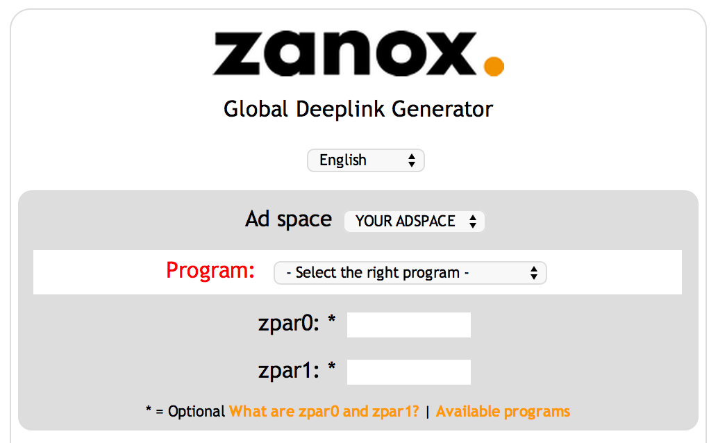 Screen of Zanox Deeplink Generator