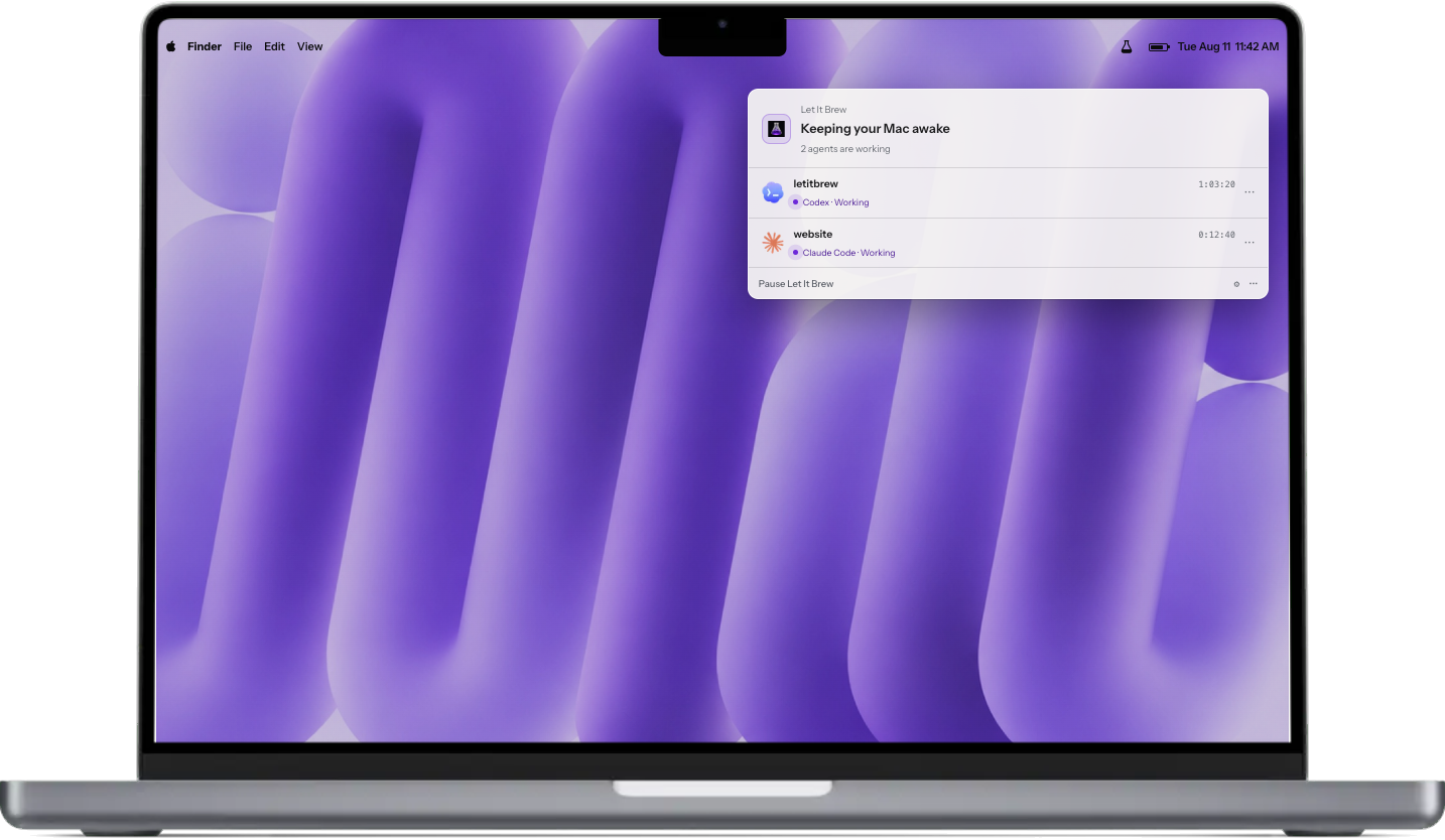 Let It Brew's menu-bar popover reading Keeping your Mac awake, with a Codex session and a Claude Code session both working