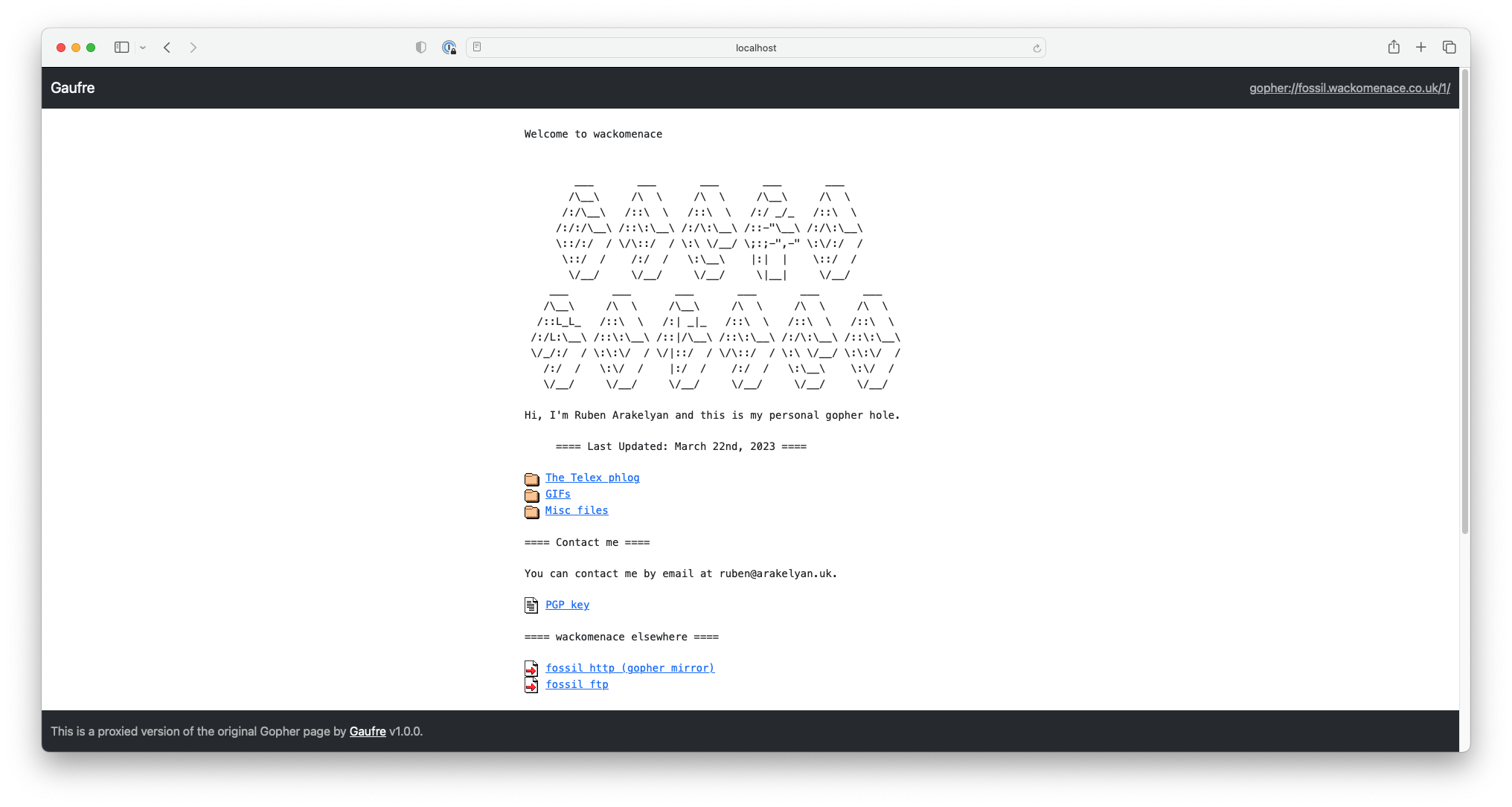Screenshot of Gaufre running in Safari on macOS proxying the fossil.wackomenace.co.uk Gopher hole