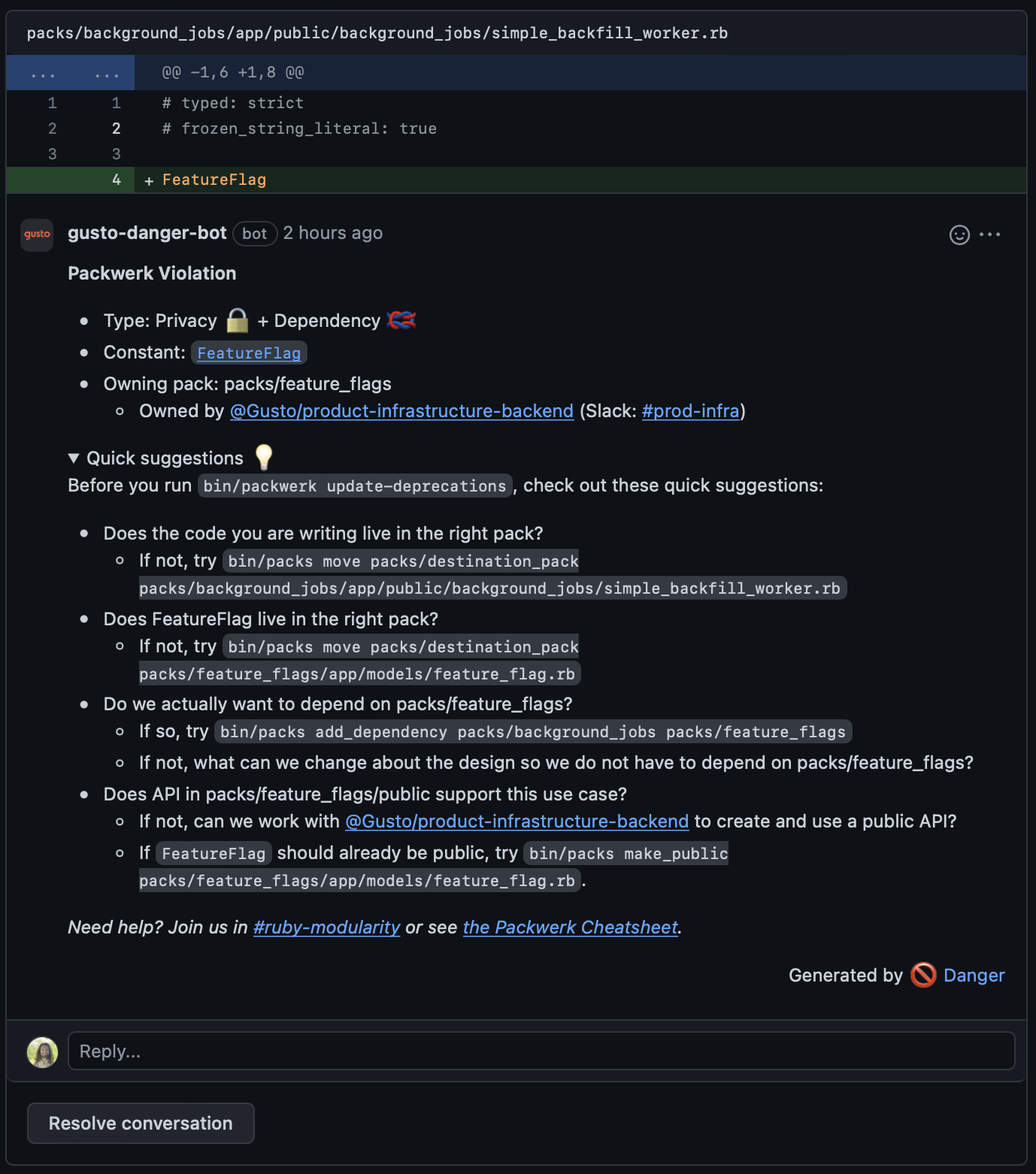 This is an image displaying a comment from the Danger github bot after running bin/packwerk check with the "quick suggestions" accordian open