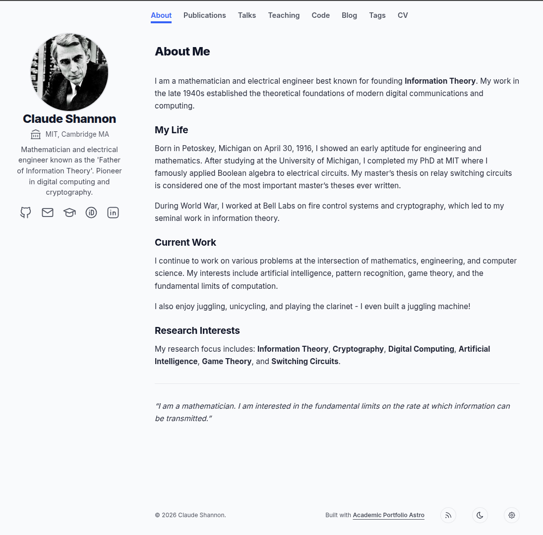 academic-portfolio-astro 网站模板截图