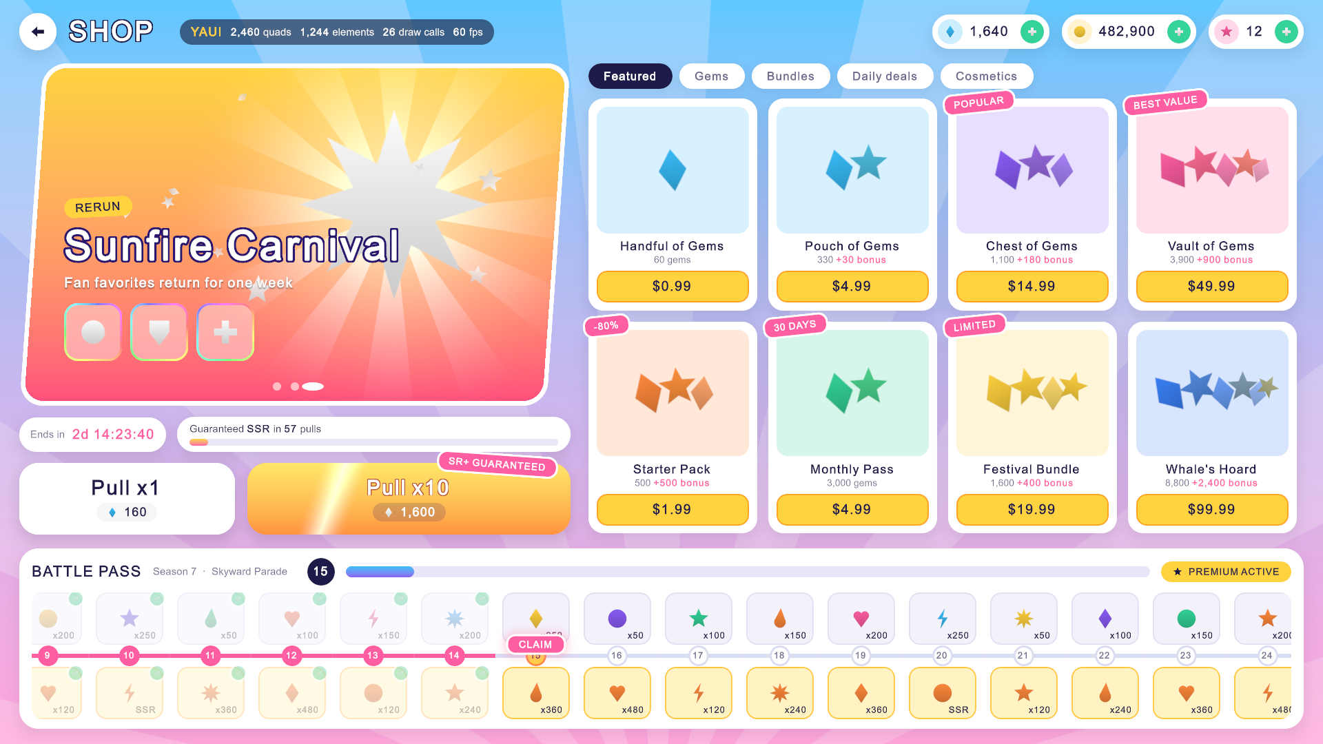 The shop of a mobile game with a gacha banner and a battle pass