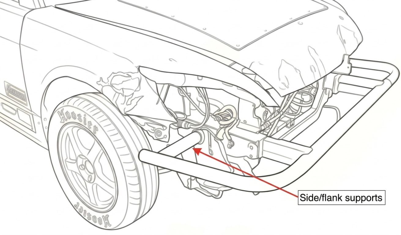 Diagram showing side/flank support braces reinforcing the outer ends of a fabricated bumper.