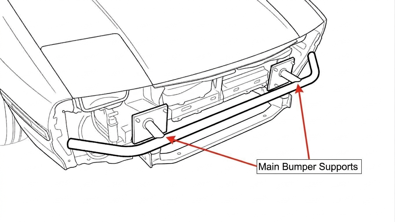 Diagram showing two main bumper supports attaching a fabricated bumper to the vehicle chassis.