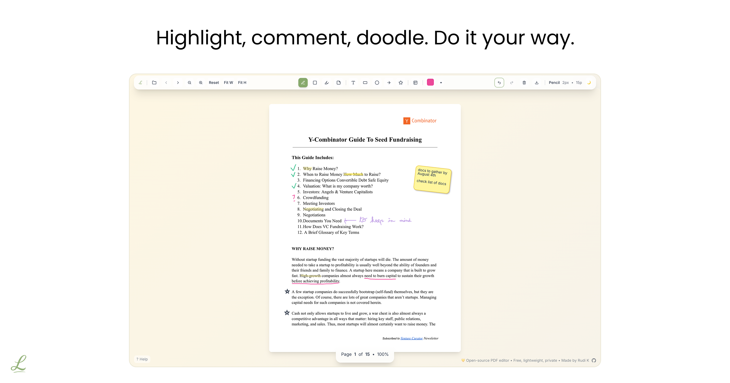 LeedPDF in action - annotating a Y Combinator fundraising guide with highlights, comments, and drawings
