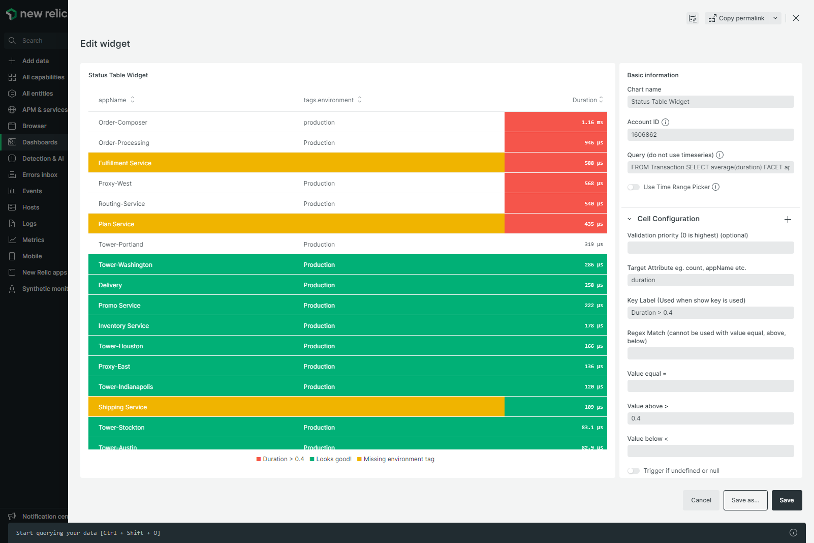 NRQL Status Table Widget