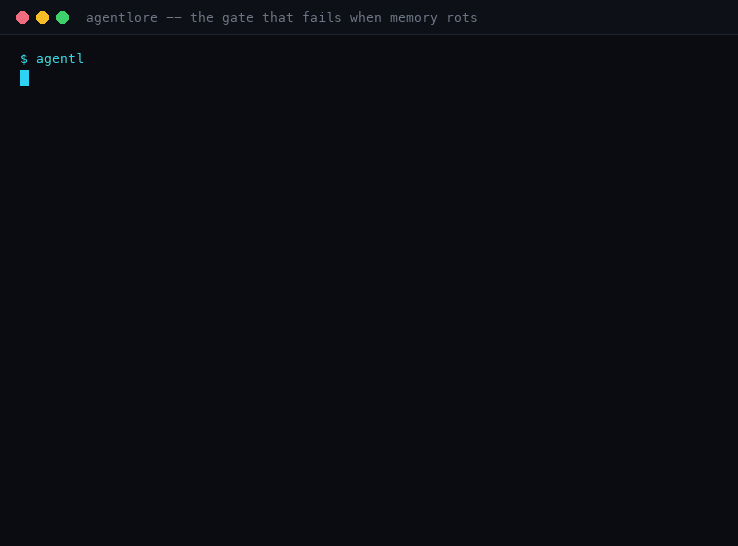 agentlore in a terminal: a settled dead end fails the gate, verify resolves it, the gate goes green