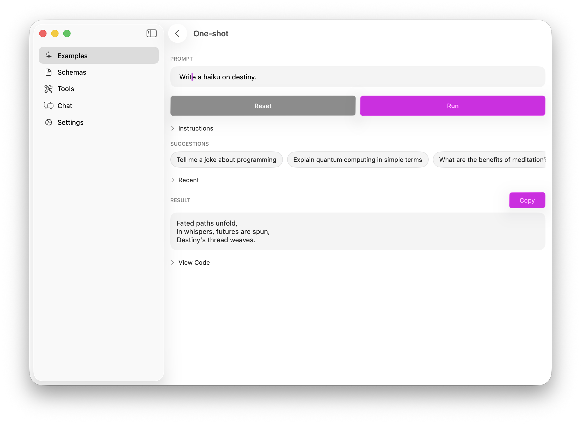One-shot prompt interface showing a haiku generation example with prompt input, reset/run buttons, suggestions, and resulting haiku about destiny