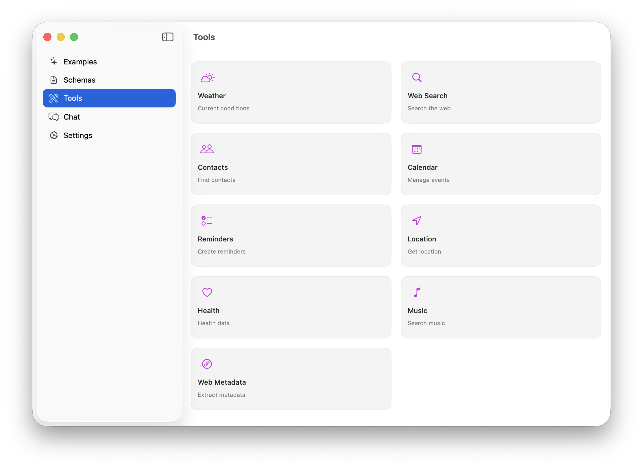 Tools page showing various utility options including Weather, Web Search, Contacts, Calendar, Reminders, Location, Health, Music, and Web Metadata tools