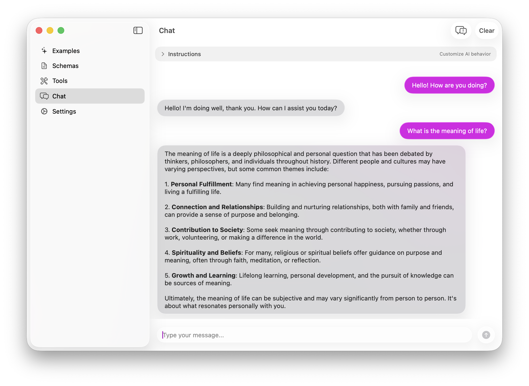 Chat interface displaying a conversation about the meaning of life, with user messages on the right and AI responses on the left, including a detailed philosophical answer
