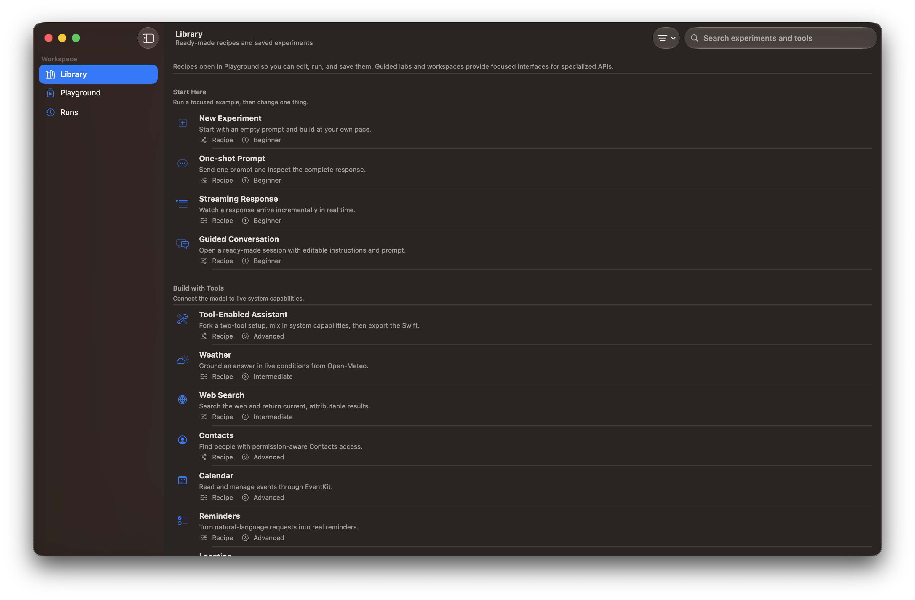 Foundation Lab for macOS showing the Library with editable recipes and built-in tool examples