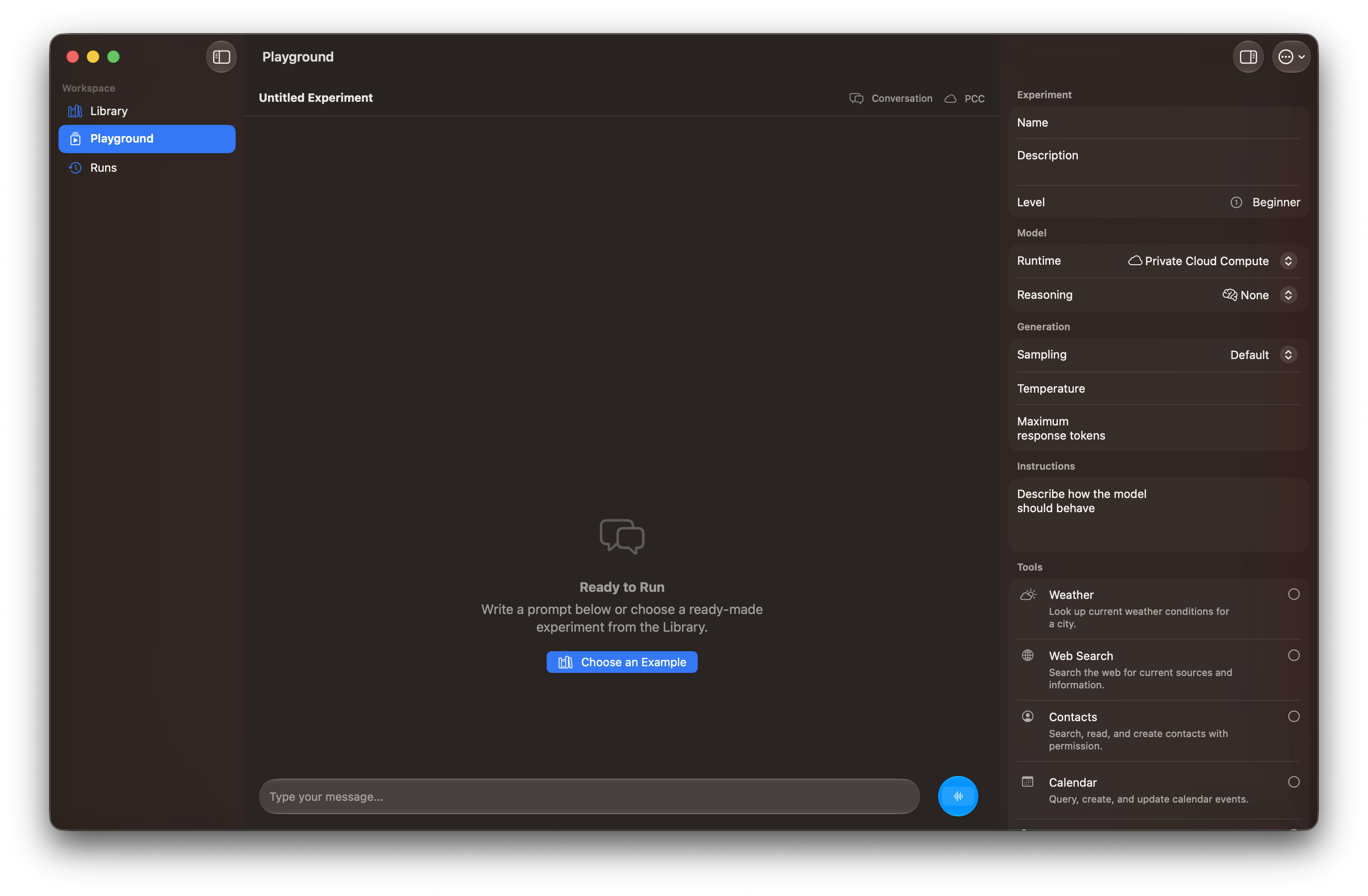 Foundation Lab for macOS showing an empty Playground with runtime, reasoning, generation, instructions, and tool controls