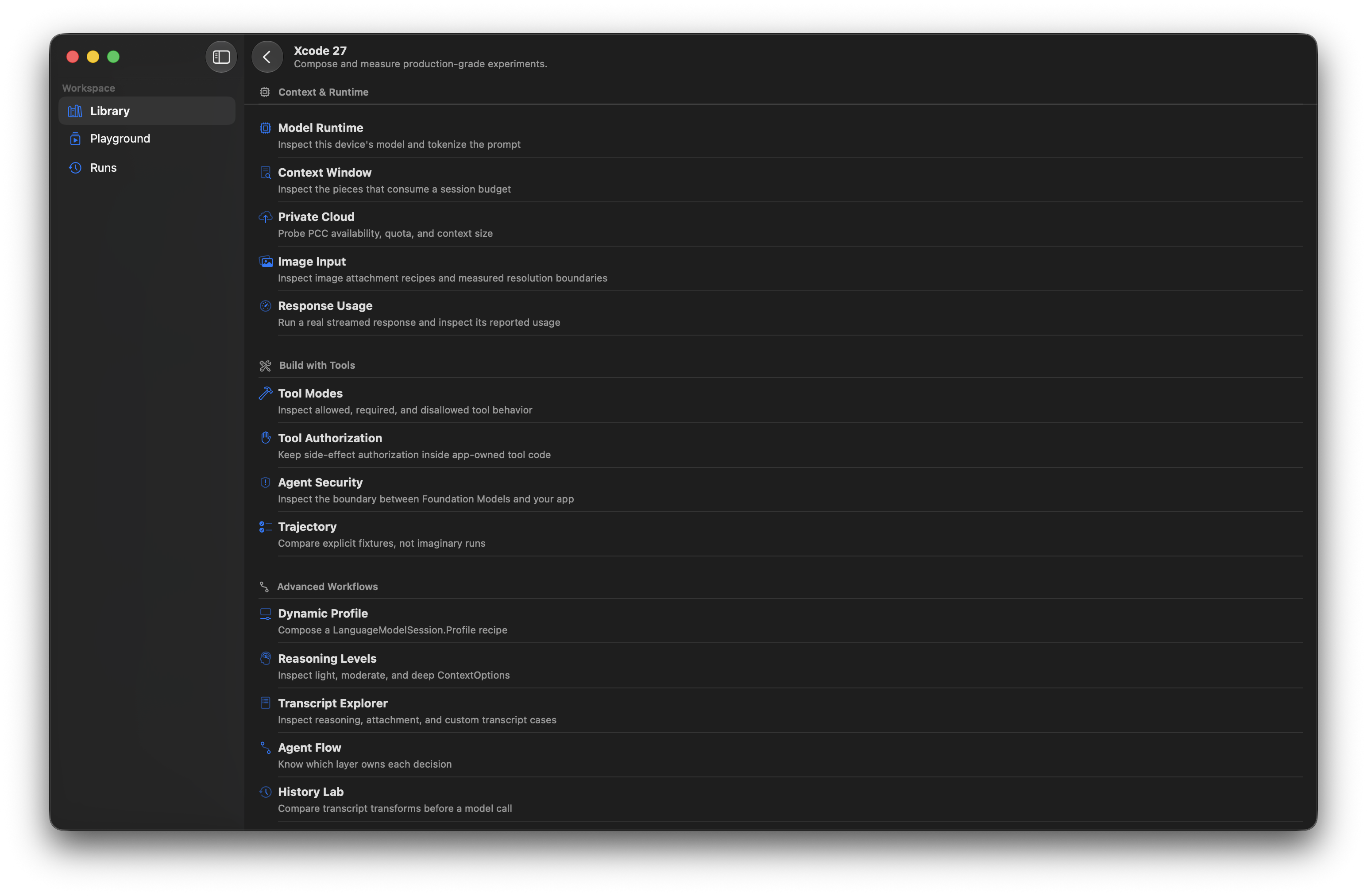 Foundation Lab for macOS showing the Xcode 27 workshop with runtime, context, tool, security, transcript, and agent labs