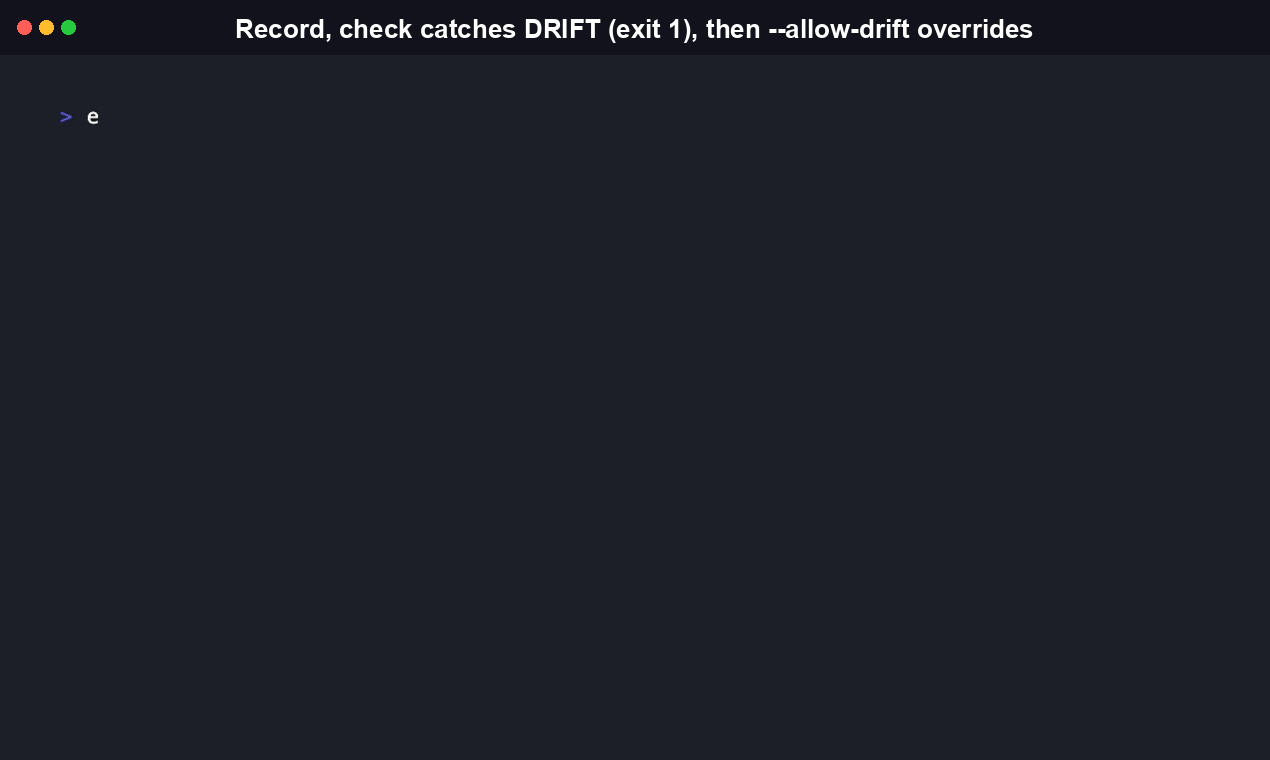 Terminal recording: evolveguard record against the read-only version of the monorepo-scanner skill, then evolveguard check after the skill is edited to add a filesystem write, showing a DRIFT result and exit code 1.