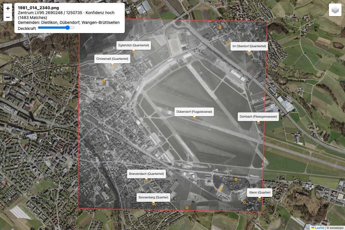 Luftbild von 1981 über dem heutigen Orthofoto: Flugplatz Dübendorf