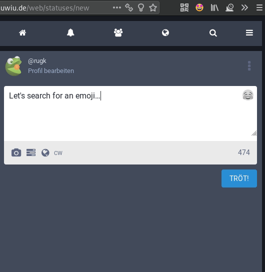 Writing toot on Mastodon with text "Let's search for an emoji…", click on smiley icon, emoji picker opens, search for "banan" and a banana 🍌 and monkey 🐒 emoji are shown as results. After clicking on banana emoji it inserts it into the message.