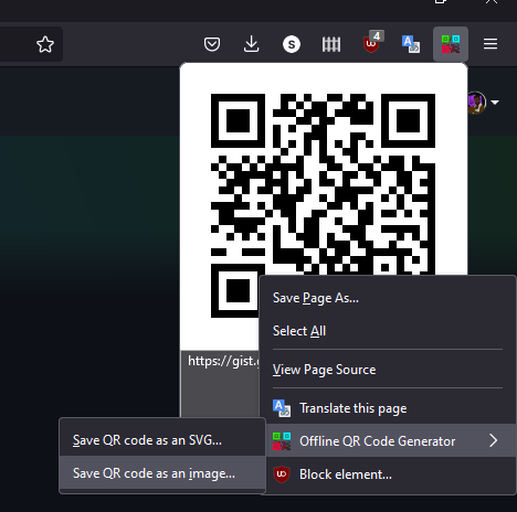 right click menu on QR code -> Offline QR Code Generator -> Save QR code as image…