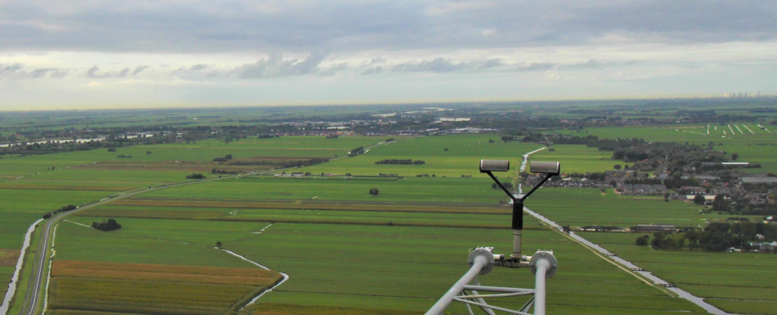 Parsivel2 disdrometer in the Cabauw tower, Netherlands. The signal attenuation caused by raindrops falling through the laser beam between the two plates can be used to estimate the size and velocity of hydrometeors.